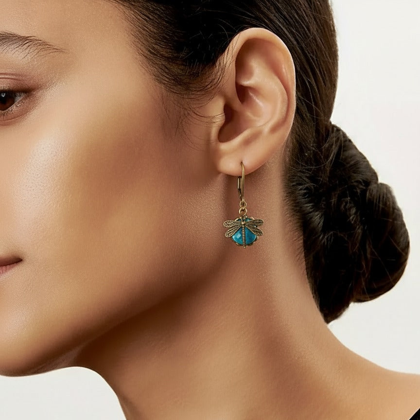 Antique Gold Dragonfly Earrings with Crystal