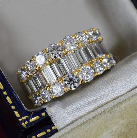 Golden Triple Row Baguette Cut White Sapphire Wedding Ring