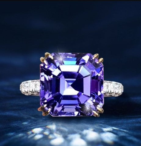 Two-Tone Asscher Cut Purple Sapphire Engagement Ring