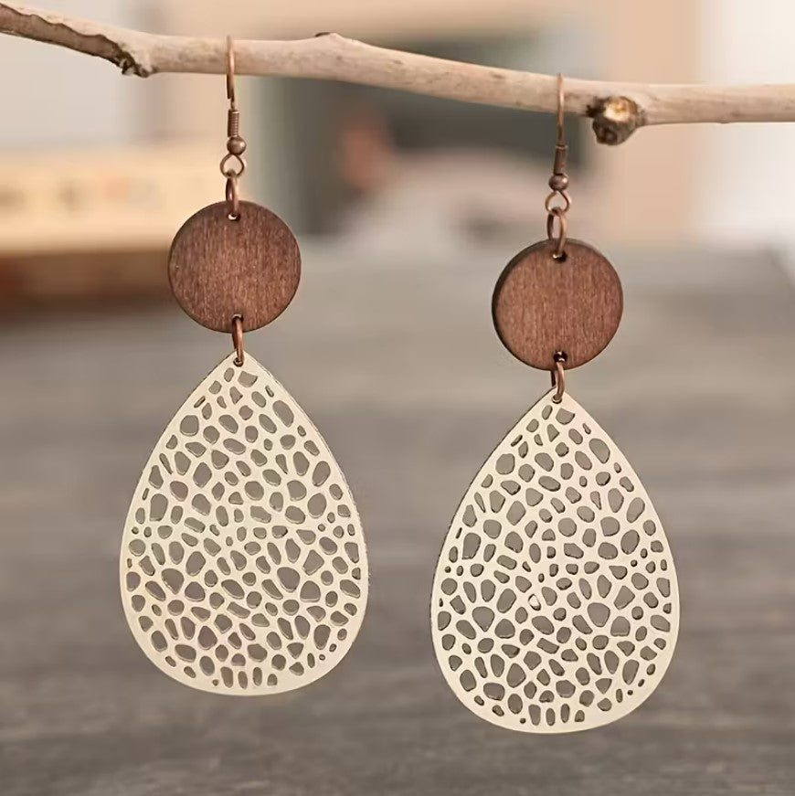Aria | vintage teardrop leather & wood mesh earrings