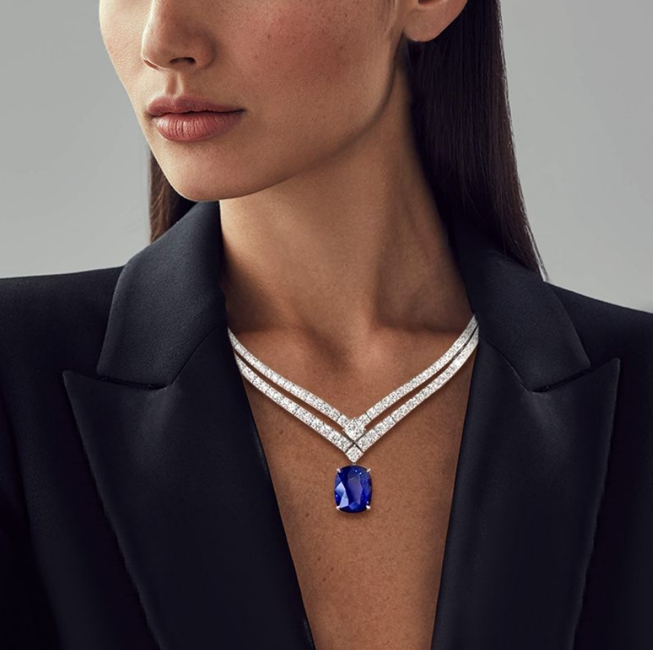 Double Row Cushion Cut Blue Sapphire Necklace