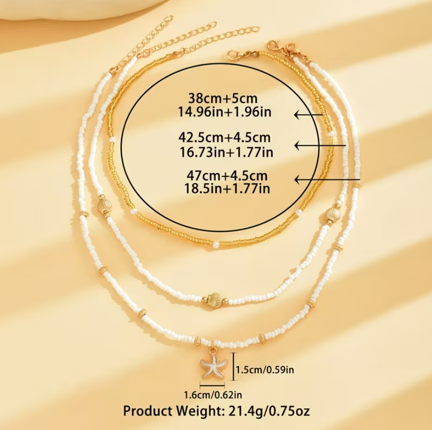 Maribel | 3pcs shell & starfish layered bead necklace set