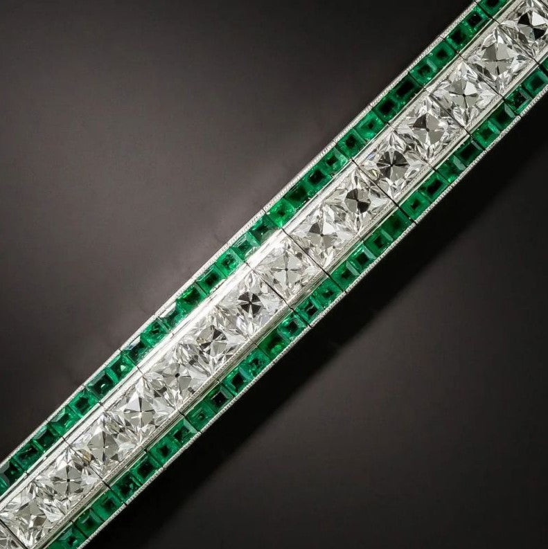 Art Deco Milgrain Princess Cut Emerald Sapphire Bracelet