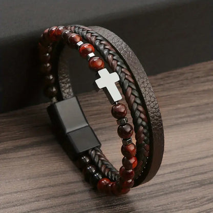 Men's Luxurious Obsidian Cross Stainless Steel Bracelet