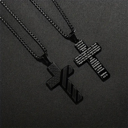 Stainless Steel Cross Necklace with American Flag & Bible Verse Pendant
