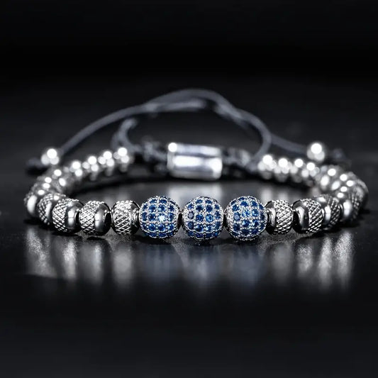 Sophisticated Stainless Steel Bracelet Blue CZ Beads