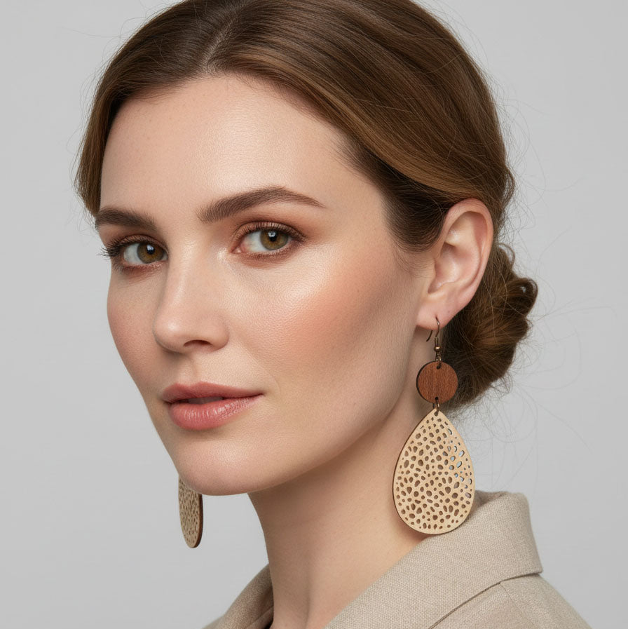 Aria | vintage teardrop leather & wood mesh earrings