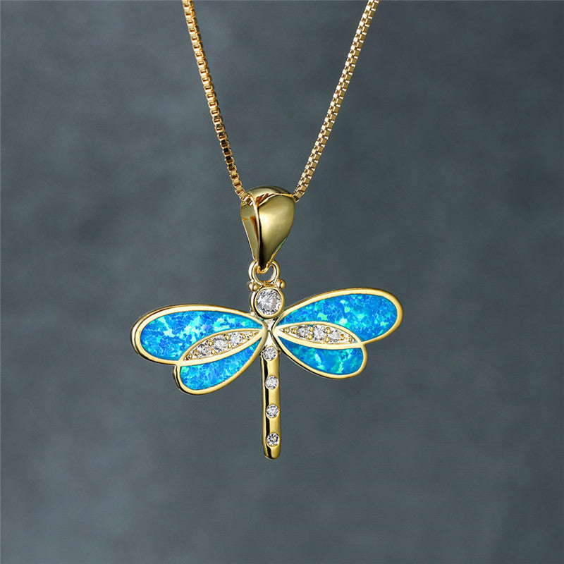 Elegant Gold Dragonfly Necklace with Opal Accent