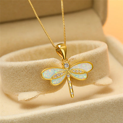 Elegant Gold Dragonfly Necklace with Opal Accent