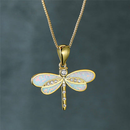 Elegant Gold Dragonfly Necklace with Opal Accent