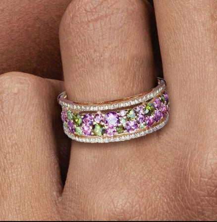 Golden Round Cut Peridot & Amethyst Wedding ring