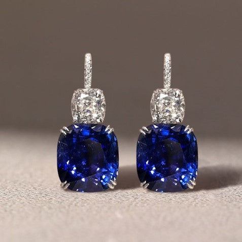 Cushion Cut Blue Sapphire Drop Earrings