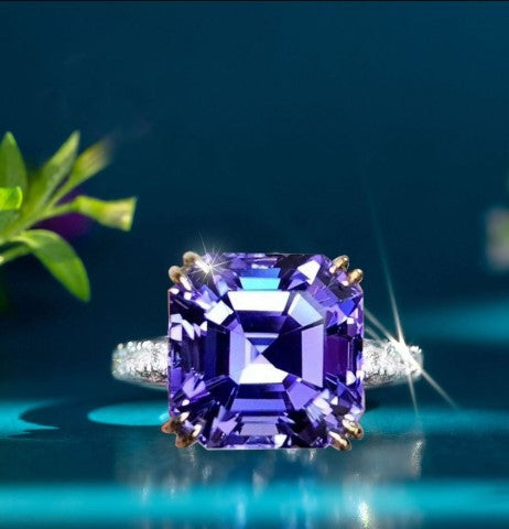 Two-Tone Asscher Cut Purple Sapphire Engagement Ring