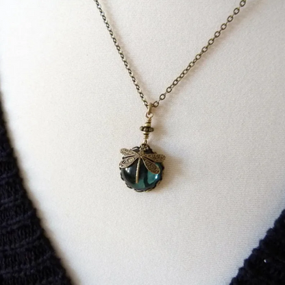 Retro Dragonfly Green Crystal Necklace