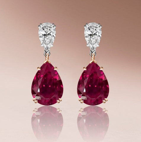 Two-Tone Pear Cut Ruby Sapphire Drop Earrings