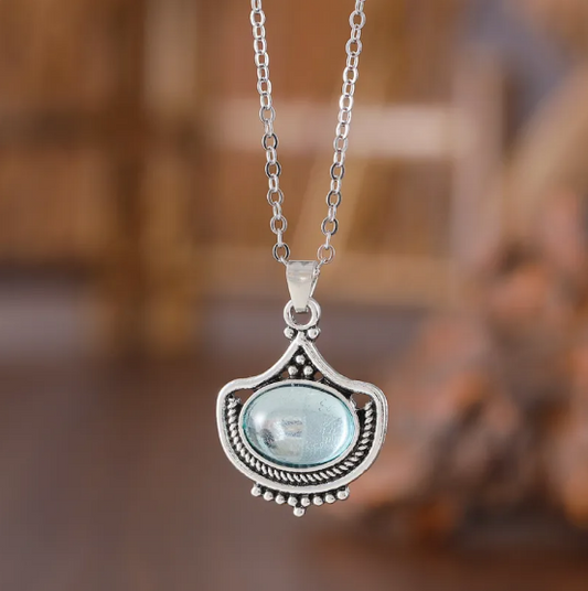 Vintage Blue Oval Gemstone Necklace & Earrings Set