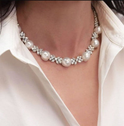 Elegant Round Pearl Sapphire Cluster Necklace