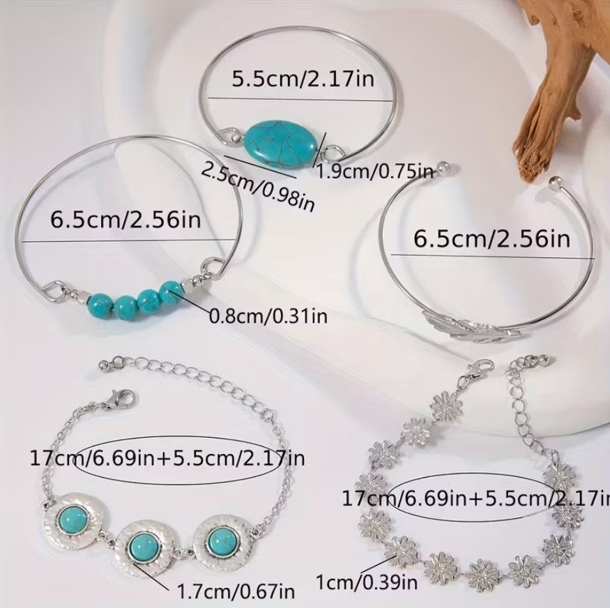Cami | 5pcs vintage boho style turquoise mosaic bracelets set