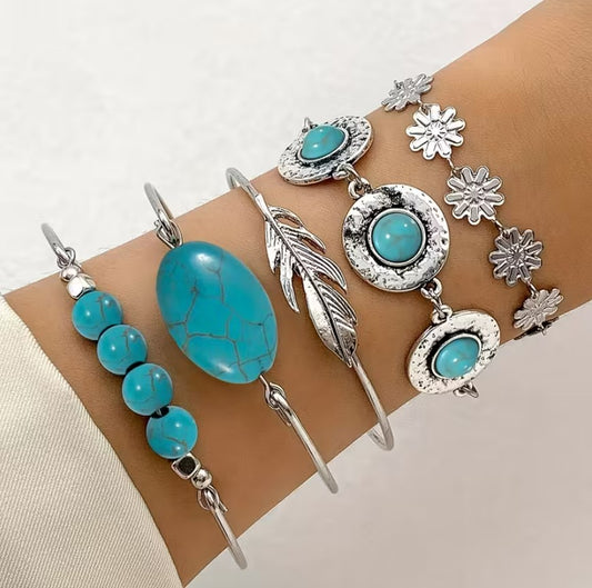 Cami | 5pcs vintage boho style turquoise mosaic bracelets set