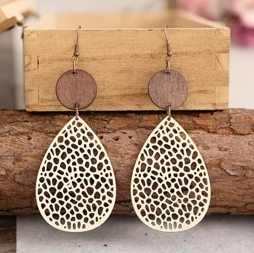 Aria | vintage teardrop leather & wood mesh earrings