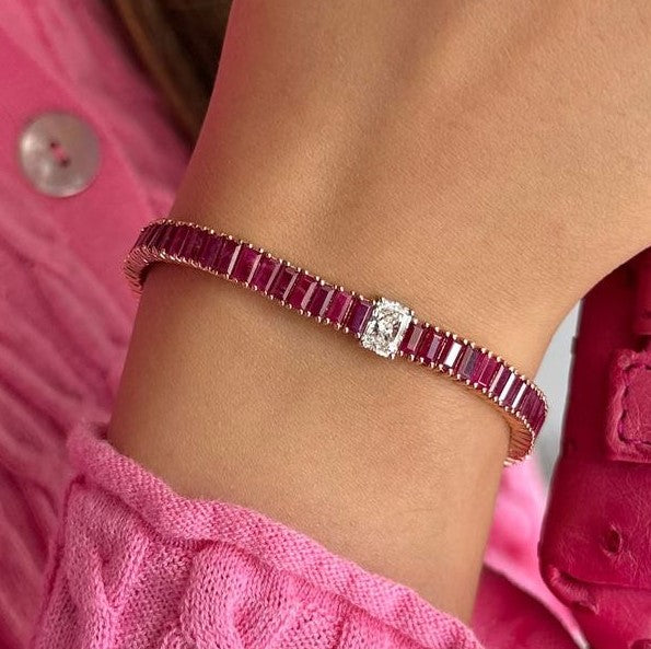 Two-Tone Radiant Cut Ruby Sapphire Tennis Bracelet