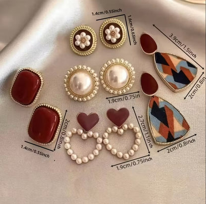 Elara | 5-pair wine red faux pearl earring set