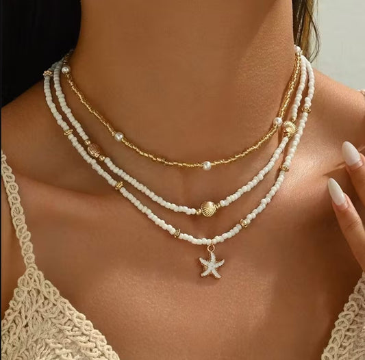 Maribel | 3pcs shell & starfish layered bead necklace set