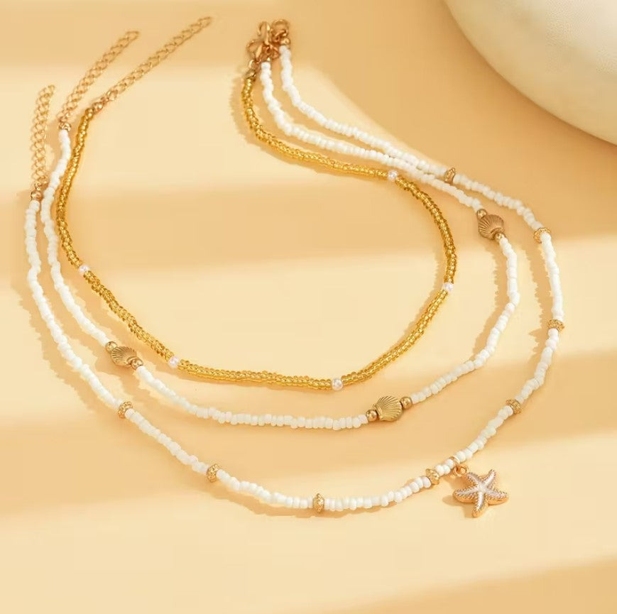 Maribel | 3pcs shell & starfish layered bead necklace set