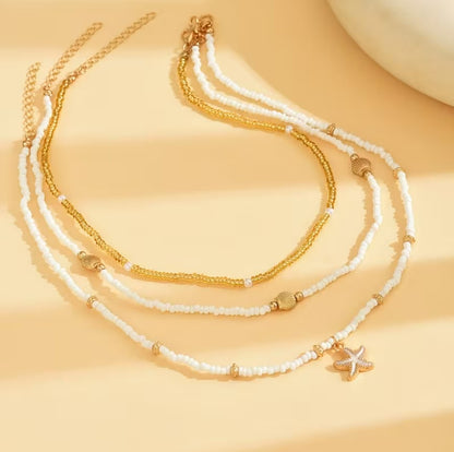 Maribel | 3pcs shell & starfish layered bead necklace set