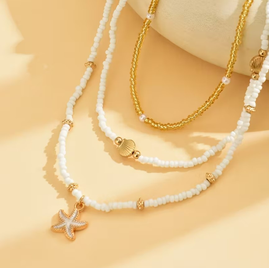 Maribel | 3pcs shell & starfish layered bead necklace set