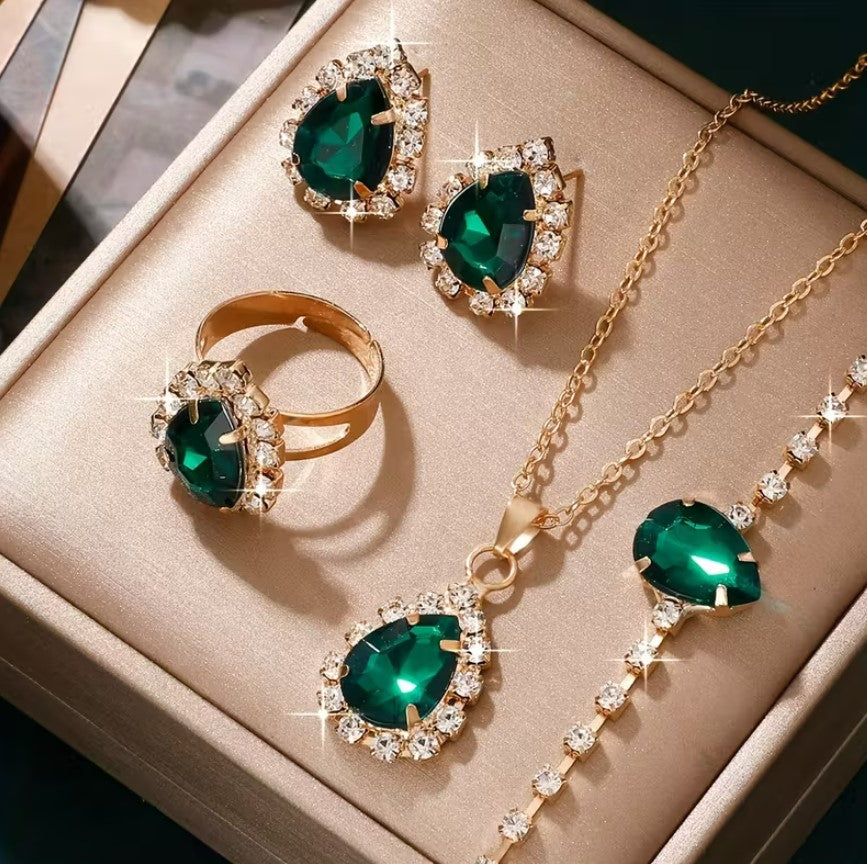 Odie | 5pcs Green Rhinestone Jewelry Set