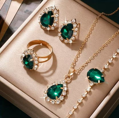 Odie | 5pcs Green Rhinestone Jewelry Set