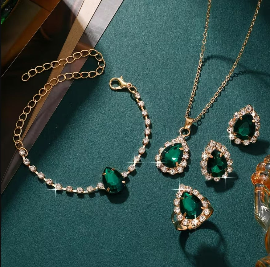 Odie | 5pcs Green Rhinestone Jewelry Set