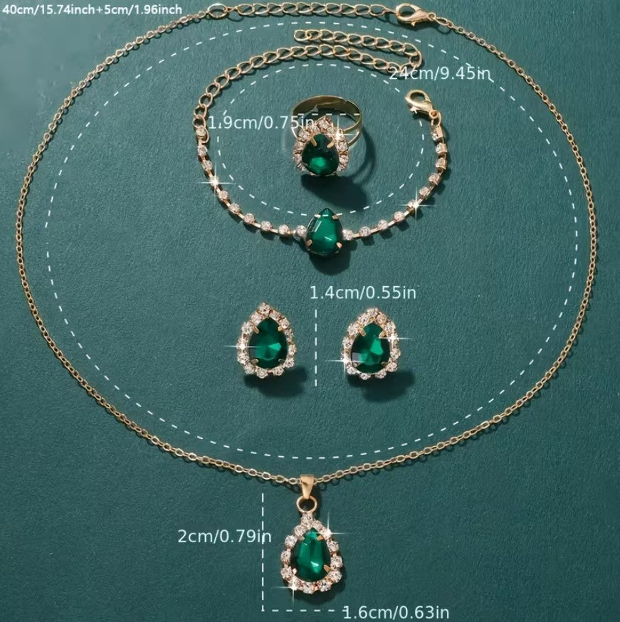 Odie | 5pcs Green Rhinestone Jewelry Set