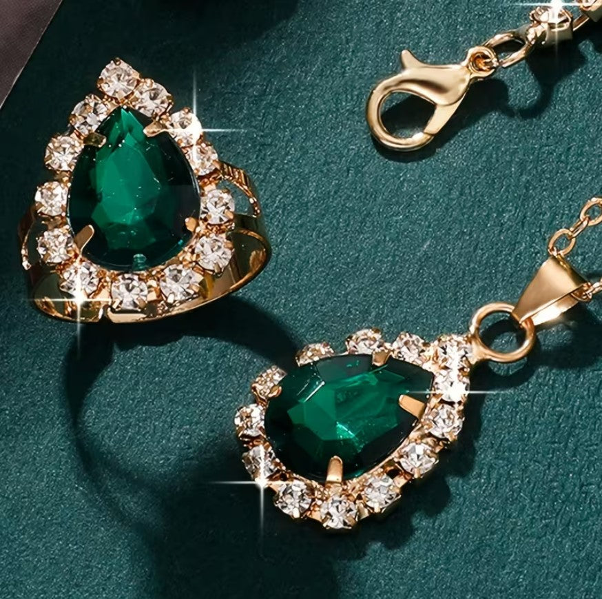 Odie | 5pcs Green Rhinestone Jewelry Set