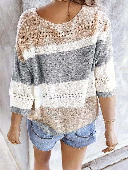 Amie | Color-Blocked V-Neck Hollow Shoulder Top