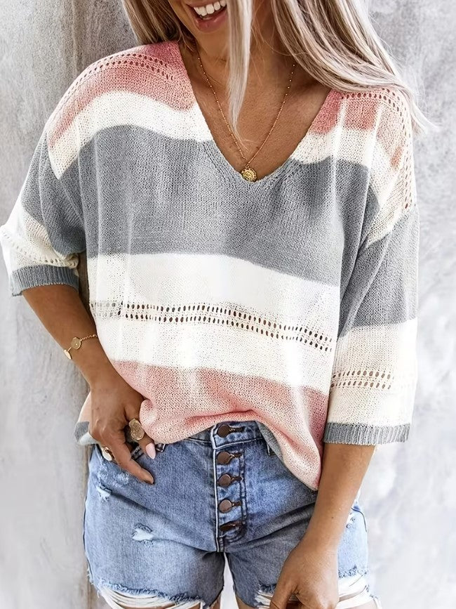 Amie | Color-Blocked V-Neck Hollow Shoulder Top