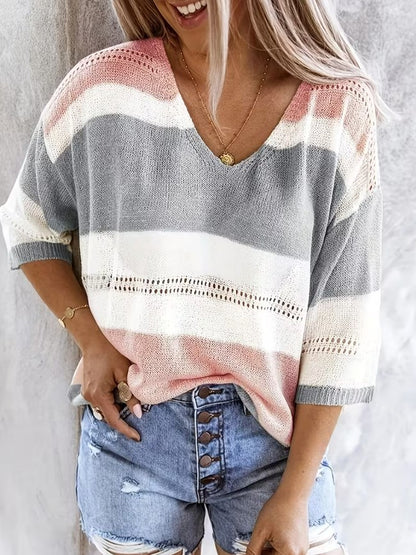Amie | Color-Blocked V-Neck Hollow Shoulder Top
