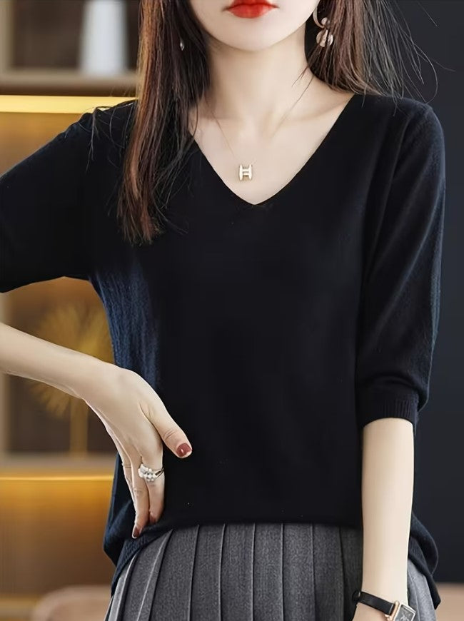 Maeva | Solid Color V-Neck Knitted Sweater