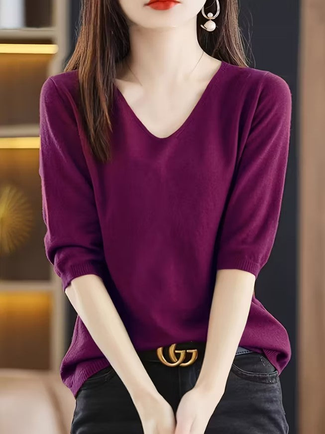 Maeva | Solid Color V-Neck Knitted Sweater