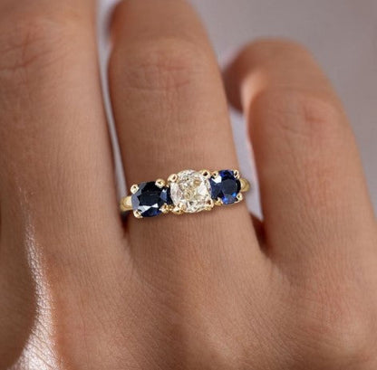 Golden Three Stone Cushion Cut White & Blue Sapphire Wedding Band Ring for Women