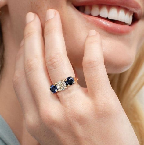 Golden Three Stone Cushion Cut White & Blue Sapphire Wedding Band Ring for Women