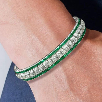 Art Deco Milgrain Princess Cut Emerald Sapphire Bracelet