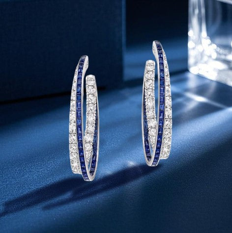 Emerald Cut Blue Sapphire Hoop Earrings