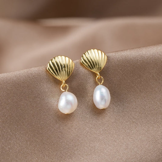 Freshwater Pearl & Gold Shell Earrings