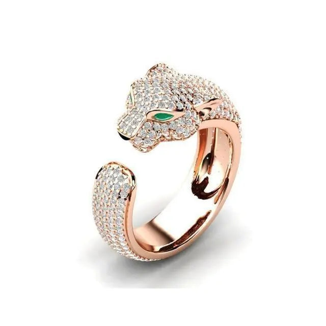 Adjustable Jaguar Ring and Rose Gold with Green Zirconia Eyes