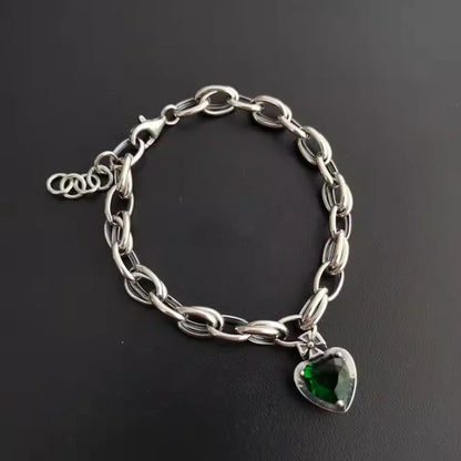 Green Crystal Gemstone Vintage Silver Charm Bracelet