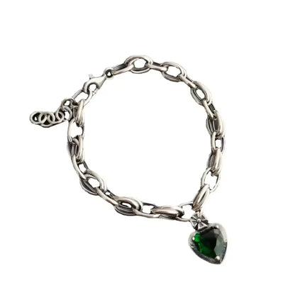 Green Crystal Gemstone Vintage Silver Charm Bracelet